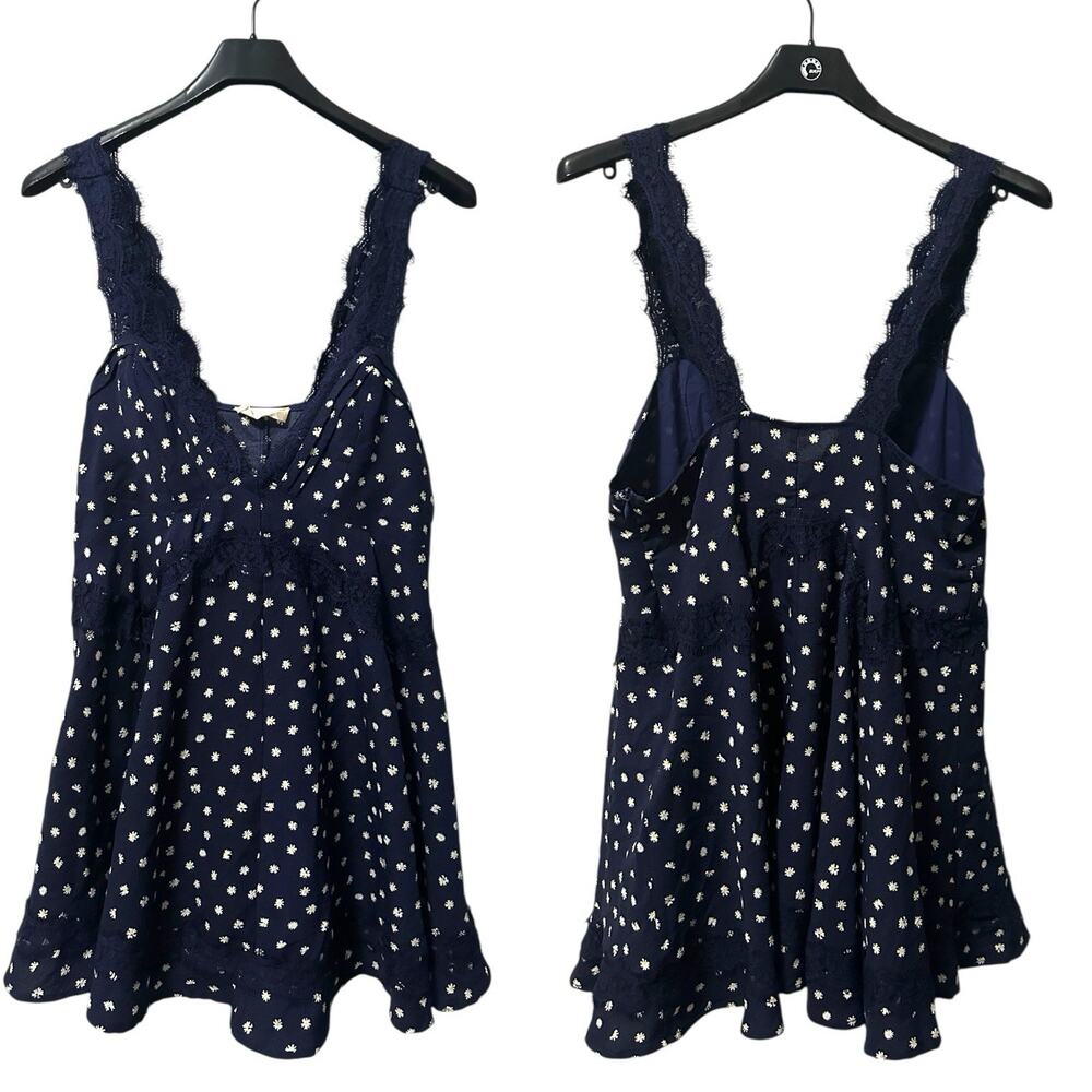 Altar'd State Navy Blue Daisy Floral Lace Trim Babydoll Mini Dress Size L Boho‎